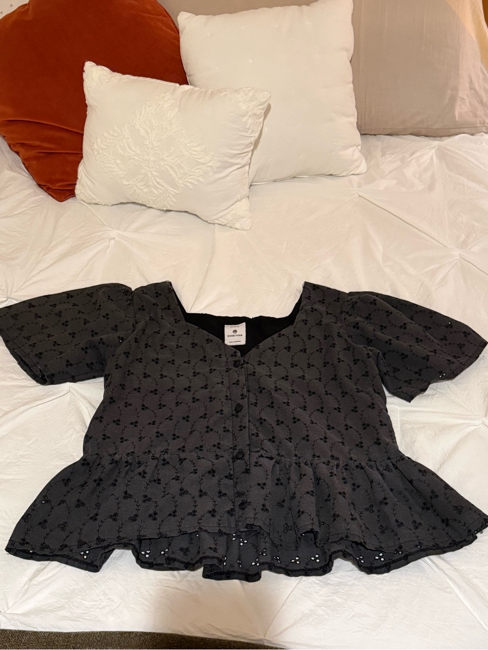 Black Eyelet Peplum Button-Front Top - Nona Rona
